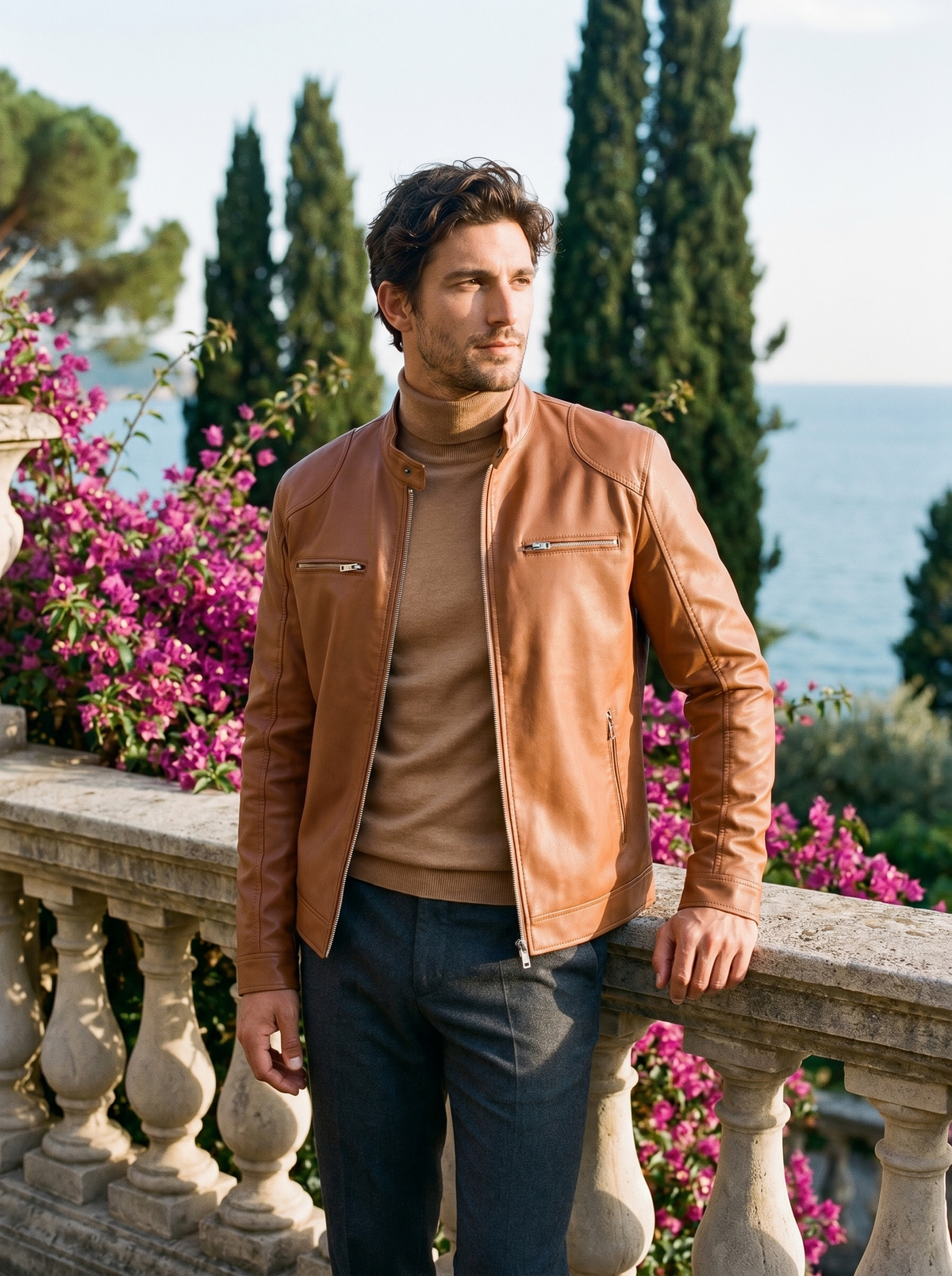 Man wearing a tan cognac leather biker jacket on a balcony overlooking Lake Como, old money style — Belvoirne
