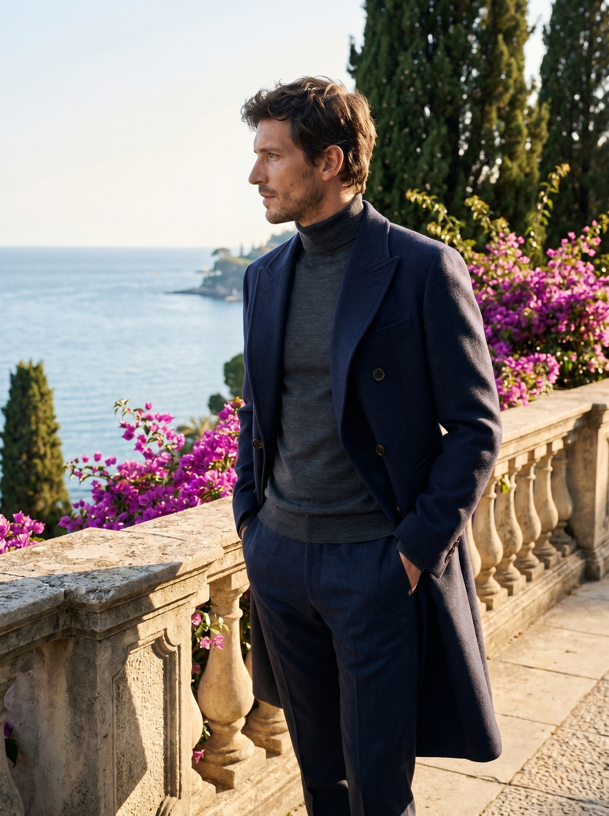 Side profile of a man wearing a navy double-breasted wool coat overlooking Lake Como — Belvoirne