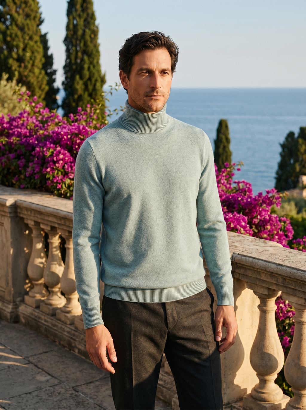 Full-length shot of a man in a pure wool roll neck jumper by Lake Como — Belvoirne