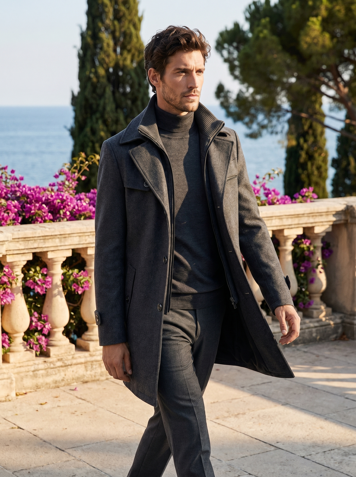 Full-length shot of a man walking in a silver grey wool double-collar coat by Lake Como — Belvoirne