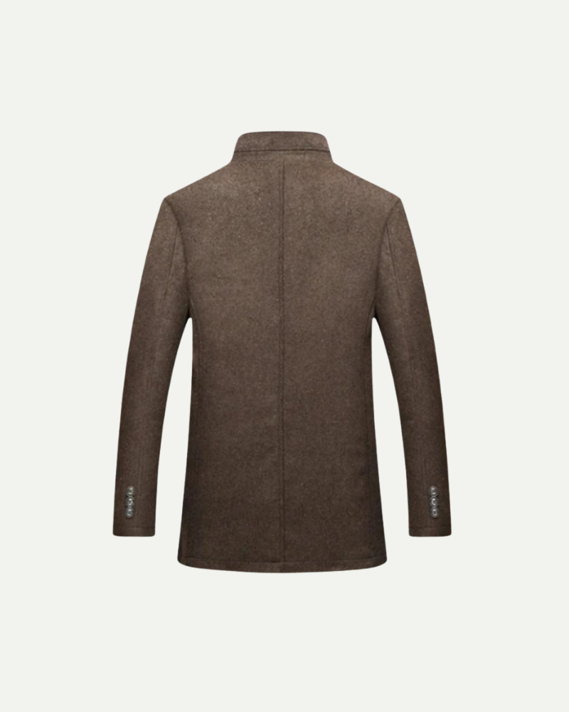 Stand-collar tailored coat detail, old money men's outerwear product photo — Belvoirne