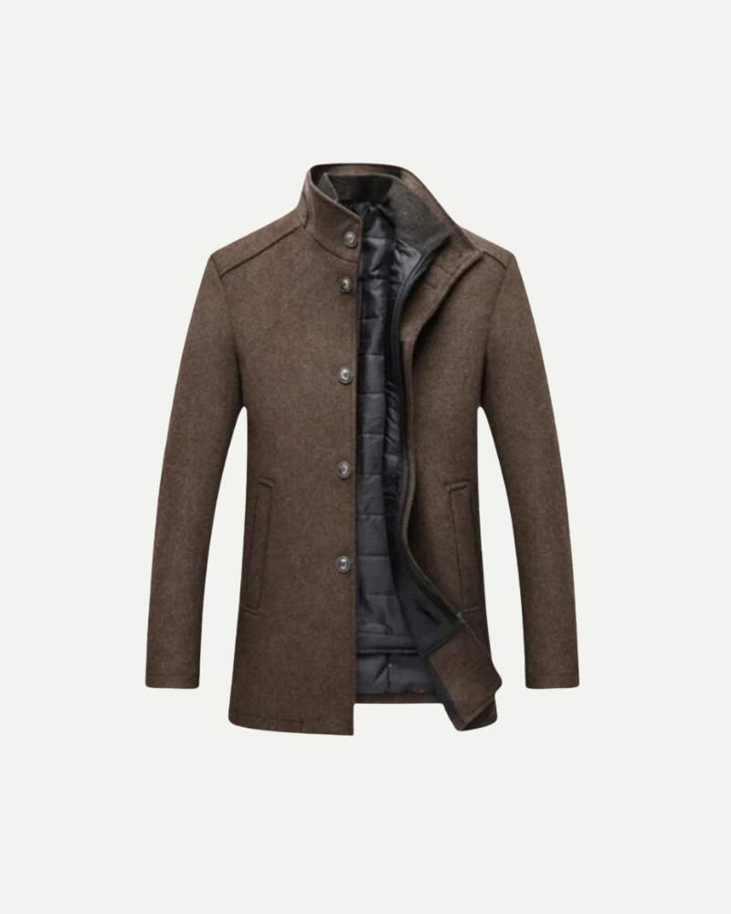 Stand-collar tailored coat, old money men's outerwear product photo — Belvoirne